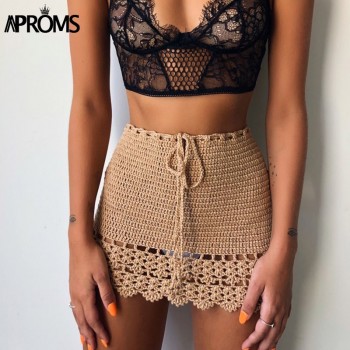 Aproms Elegant Handmade Cotton Crochet Mini Skirts Women Summer High Waist Bow Tie Skirt Ladies Beach Bikini Bottoms Saias 2020